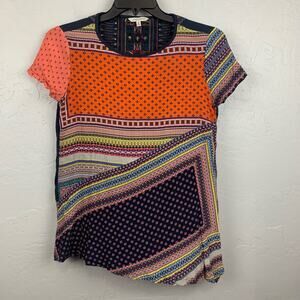 John Mark Top Womens Medium Orange Blue Embroidered Patchwork Boho Retro